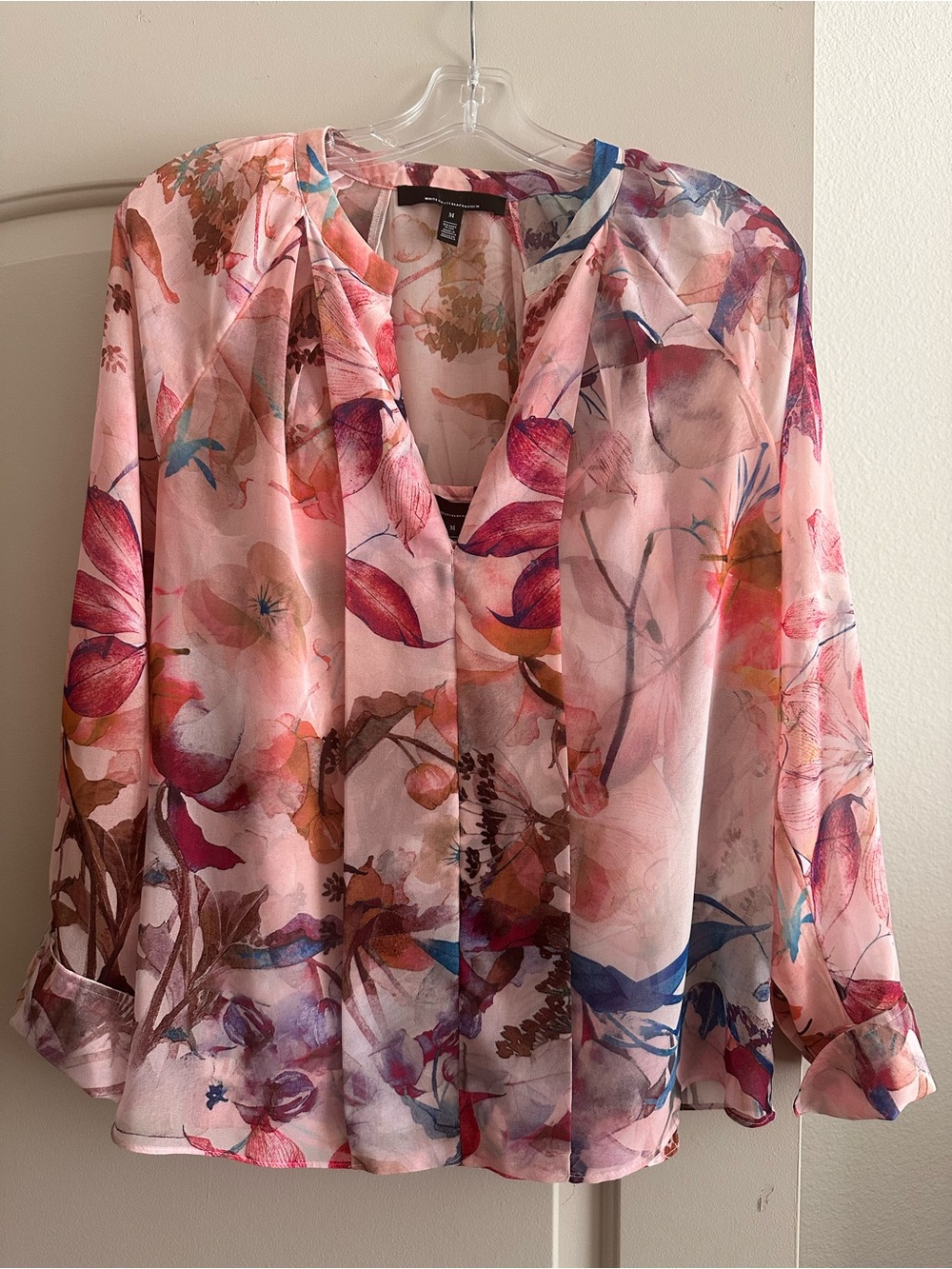 White House Black Market Pink Floral Sheer V-Neck Blouse with Camisole